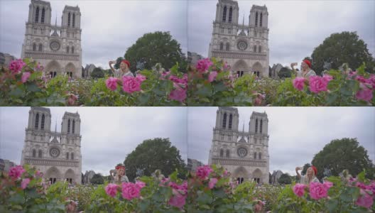 巴黎圣母院，一名年轻女子用手机自拍高清在线视频素材下载