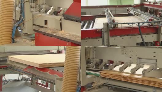 家具工厂。胶合板的生产。胶合板的自动化生产。胶合板组装阶段。这台机器切割胶合板不平整的边缘。高清在线视频素材下载
