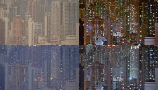 许多香港建筑的白天到夜晚的过渡时间。高清在线视频素材下载