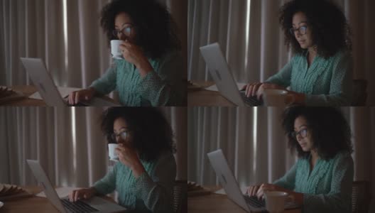 在家工作的女人喝茶高清在线视频素材下载
