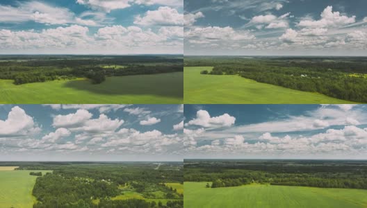 天空与云在地平线上农村景观年轻的绿色麦田。春季农业绿野。时光流逝，时光流逝，时光流逝。无人机坠落，无人机Hyper lapse 4K高清在线视频素材下载