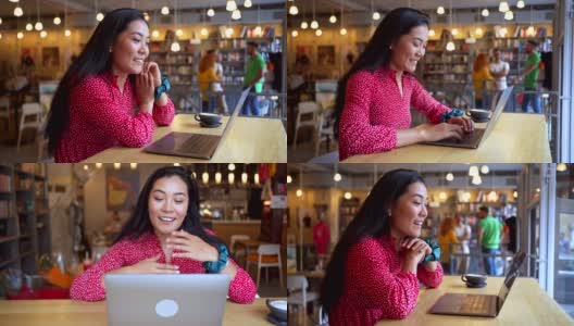 一个女性自由职业者的视频蒙太奇通过视频电话在线会议，同时在一个现代的自助餐厅工作高清在线视频素材下载