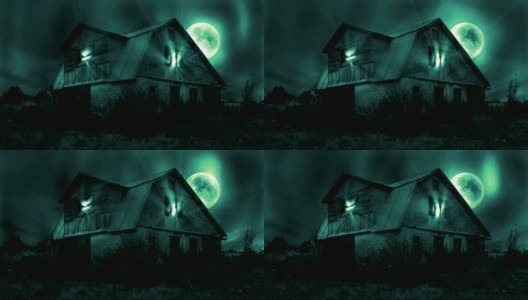 鬼屋场景，满月，魔法光，乌云，无缝循环视频。Greeen高清在线视频素材下载