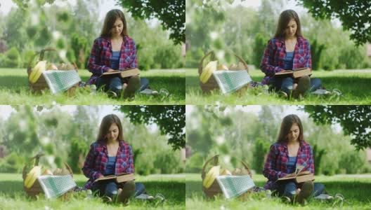 在大自然中阅读野餐书籍的女人高清在线视频素材下载