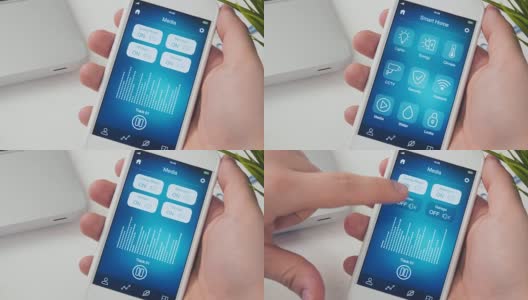 使用智能手机上的智能家居应用打开家里的音乐系统高清在线视频素材下载