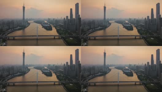中国日落时间天空广州市中心城市景观珠江猎得桥航拍全景4k时间高清在线视频素材下载