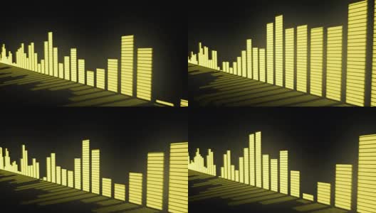 3D动画:音乐控制关卡。辉光黄色-金黄色音频均衡器条移动与反射镜表面。黑色背景。深。滑动。高清在线视频素材下载