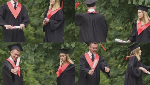 滑稽的毕业生穿着学术服装在大学附近的公园里唱歌跳舞高清在线视频素材下载
