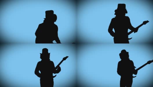 戴着帽子的酷摇滚吉他手正在蓝色背景上弹奏电吉他高清在线视频素材下载