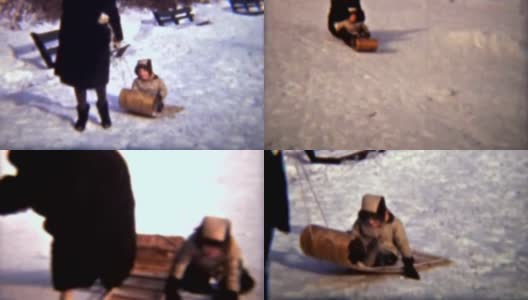 和妈妈一起拉雪橇的女孩(1942年8毫米胶片)高清在线视频素材下载