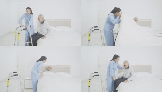 老人在护士的帮助下躺在床上高清在线视频素材下载
