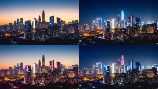 深圳市区天际线从黄昏到夜晚/4K时间流逝高清在线视频素材下载