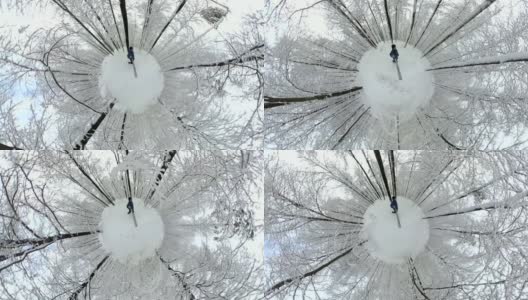 人走过美丽的冬季森林，VR360, 360度，360度，VR，小星球效果高清在线视频素材下载