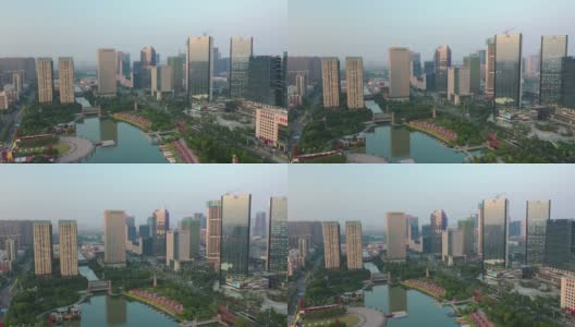 日落时分佛山市区著名的公园湖广场航拍全景4k中国高清在线视频素材下载