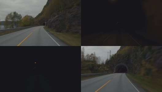 行驶在挪威峡湾的POV汽车:进入隧道高清在线视频素材下载