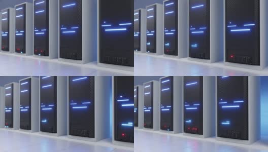 数据中心或ISP白色服务器室，蓝色闪烁高清在线视频素材下载