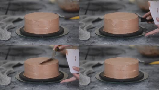 女人的手制作甜奶油基辅蛋糕的特写高清在线视频素材下载