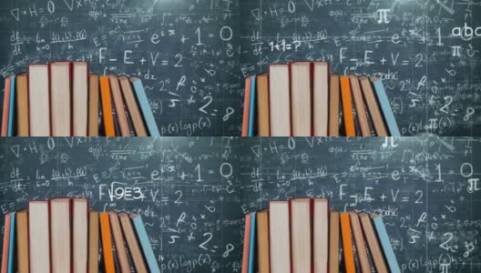 在蓝色背景上漂浮着数学方程的多本书的数字合成高清在线视频素材下载