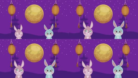 中秋节动画有小兔子和金色的满月高清在线视频素材下载