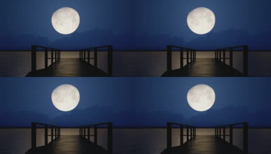 幻想大海浪月亮海码头美丽的夜景4k高清在线视频素材下载