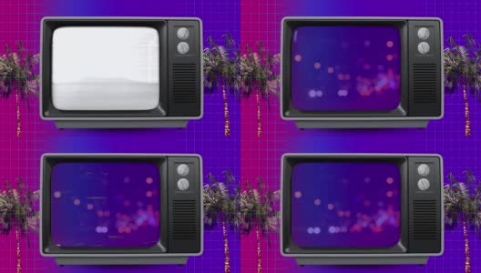 复古电视屏幕嘶嘶作响，然后关掉。后面是紫色网格背景上的棕榈树高清在线视频素材下载