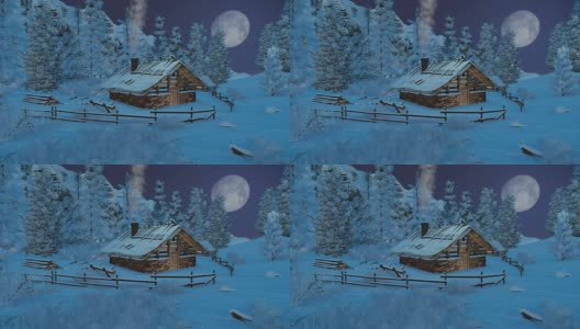 雪夜山上的小木屋高清在线视频素材下载