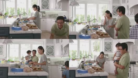 父母准备食物，作为孩子在厨房玩在R3D高清在线视频素材下载