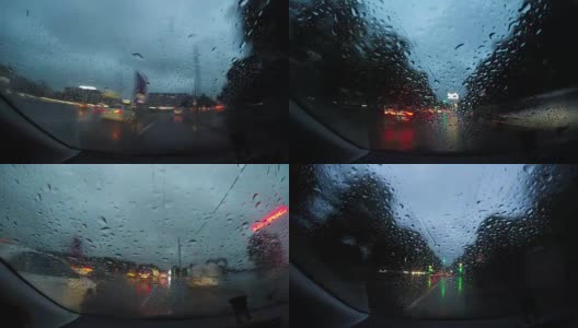 夜雨在城中行驶时光流逝。夜晚的道路POV透过挡风玻璃看雨点在夜晚的城市时光流逝高清在线视频素材下载