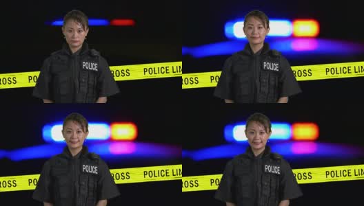 亚裔美国女警察在犯罪现场微笑，背景是警笛高清在线视频素材下载
