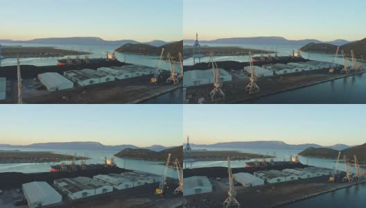 克罗地亚工业码头的起重机，建筑和集装箱船，WS无人机视角高清在线视频素材下载