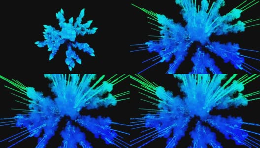 蓝色粉末在黑色背景上爆炸。3d动画的粒子作为彩色的背景或覆盖的效果。一阵阵五彩的颜料粉，为胡里节的绚烂呈现。6高清在线视频素材下载