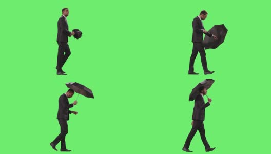 西装商人边走边撑伞。在模拟绿色屏幕上拍摄。高清在线视频素材下载