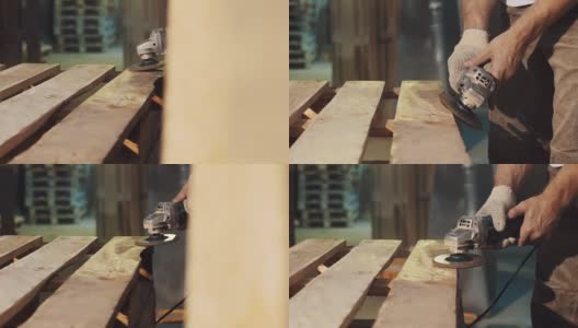 木工用角磨机打磨木条结构高清在线视频素材下载