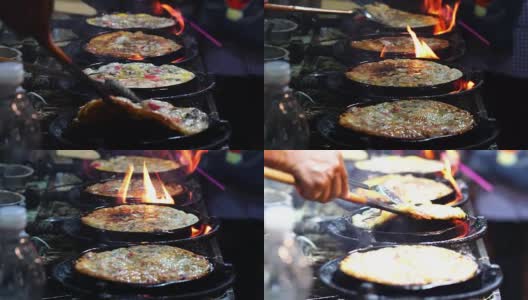 4K镜头的特写烹饪炸虾铲子炒锅上的锅，泰国传统食物，亚洲食物高清在线视频素材下载