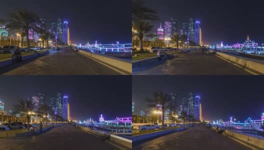 多哈的天际线与星空从滨海大道，卡塔尔高清在线视频素材下载