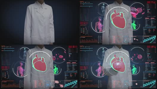 女性医生触摸数字屏幕，女性身体扫描血管、淋巴、心脏、循环系统的数字显示仪表盘。蓝色x射线的观点。高清在线视频素材下载