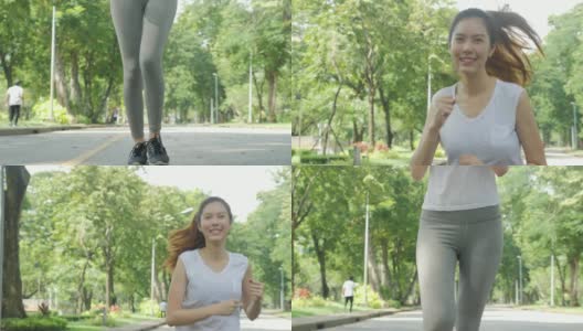 年轻迷人的女人在绿色城市公园跑步锻炼户外健身跟踪可穿戴技术。健身跑步运动的人与健康的生活理念。高清在线视频素材下载