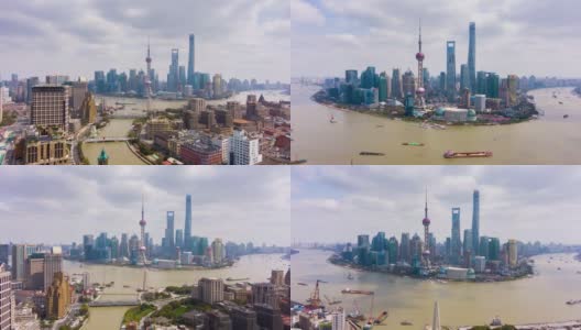 上海的城市。城市陆家嘴区与黄浦江。中国空中Hyper Lapse, Time Lapse。无人机向前和向上飞行高清在线视频素材下载