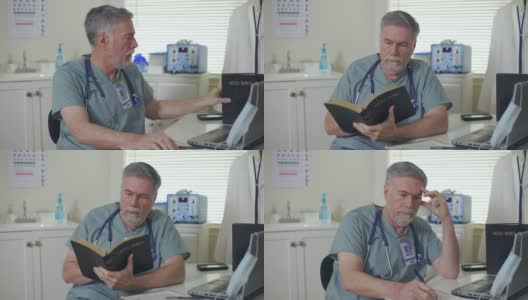 一个过度劳累和沮丧的医生坐在他的办公桌前，在一个小诊所里拿起一本圣经，开始阅读，寻求鼓励和安慰。高清在线视频素材下载