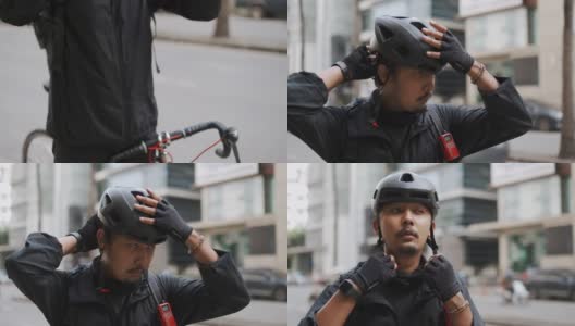 亚洲快递员戴着自行车头盔高清在线视频素材下载