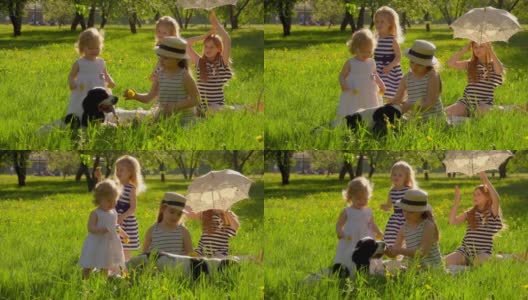 四个穿着条纹裙的可爱小女孩在草坪上和一只狗玩耍高清在线视频素材下载