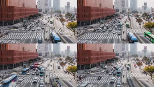 在韩国首尔车站，4k时间的汽车交通和皇冠行人在道路上的人高清在线视频素材下载