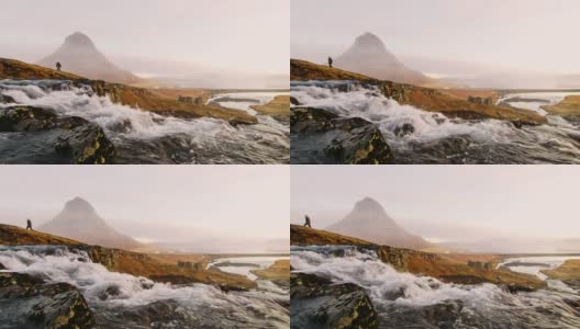 冰岛的Kirkjufell山和Kirkjufellsfoss瀑布高清在线视频素材下载