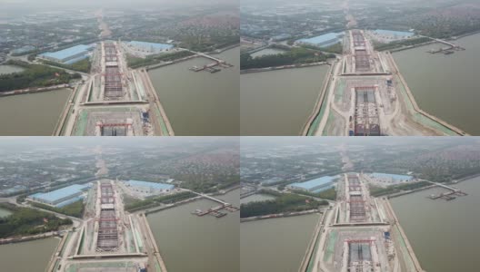 中国江苏省无锡市正在建设的湖底隧道航拍照片高清在线视频素材下载
