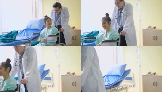医生用轮椅推着病人进病房高清在线视频素材下载