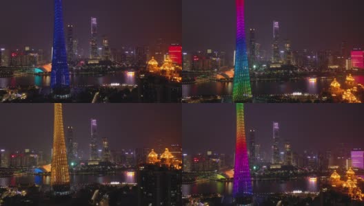 夜间照明广州市市中心著名塔空中全景4k中国高清在线视频素材下载