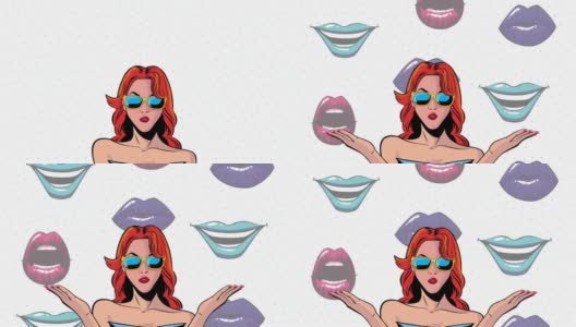 流行艺术风格的动画与性感的女人戴着太阳镜和嘴高清在线视频素材下载