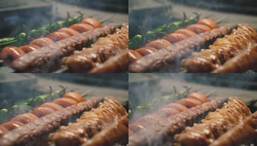 传统的烤肉串和烤鸡。土耳其烤肉串高清在线视频素材下载