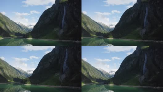 鸟瞰奥地利蒂罗尔的斯蒂勒普湖，壮丽的瀑布高清在线视频素材下载