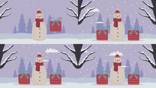 圣诞雪人带着礼物雪景高清在线视频素材下载